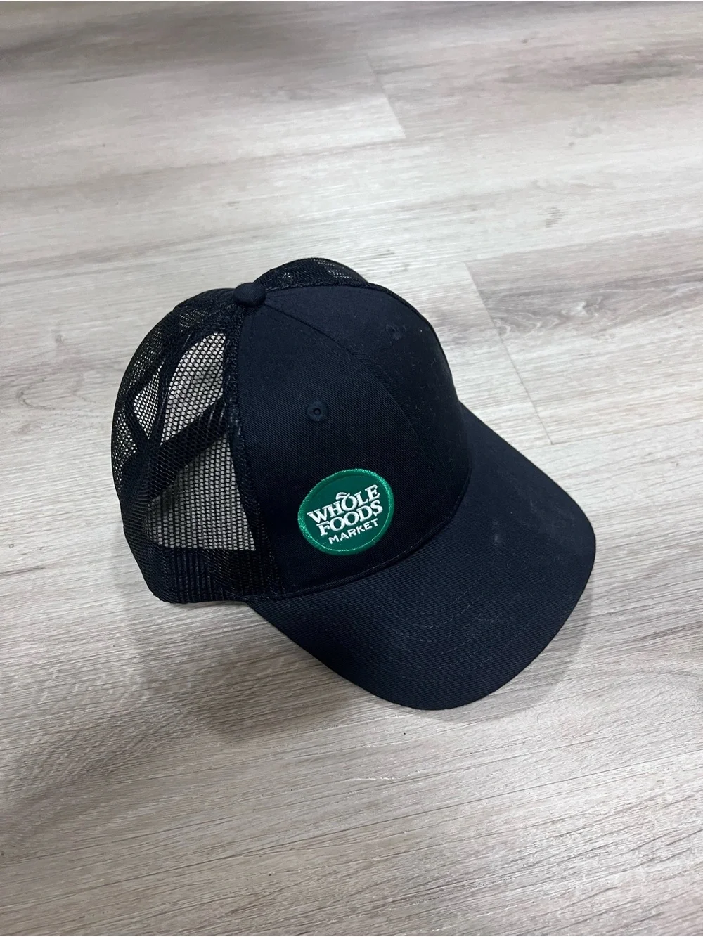 Whole Foods Market Black Mesh Trucker Hat with Green Logo